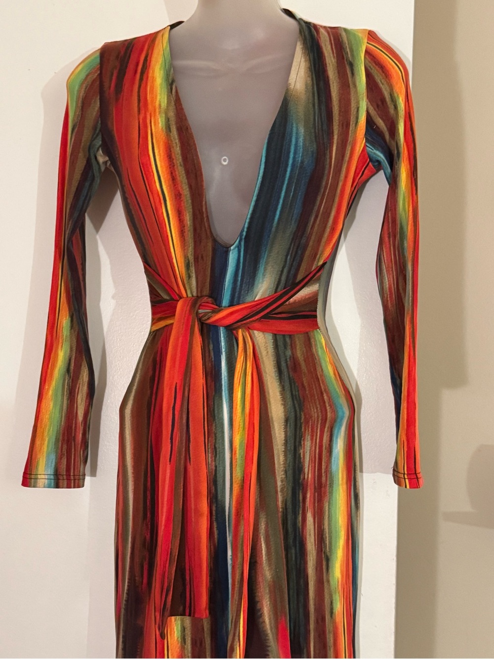 Fashion Nova Multicolor Striped Wrap Dress in Red, Orange, Blue, Green, Brown
